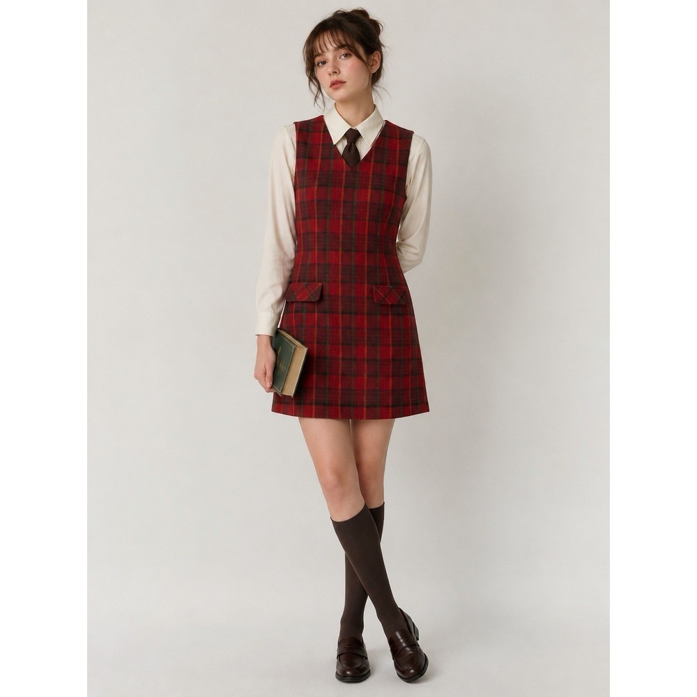 Vintage 90s Eddie Bauer Wool Plaid Jumper Dress Womens 6 Red Tartan Preppy